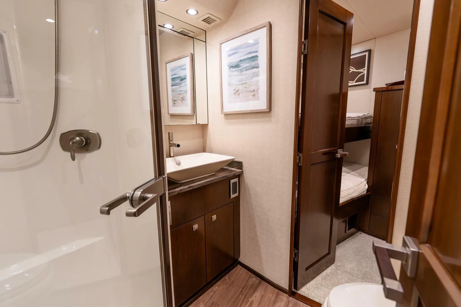 a bathroom with a sink and a shower aboard THE PROVIDER Yacht for Sale