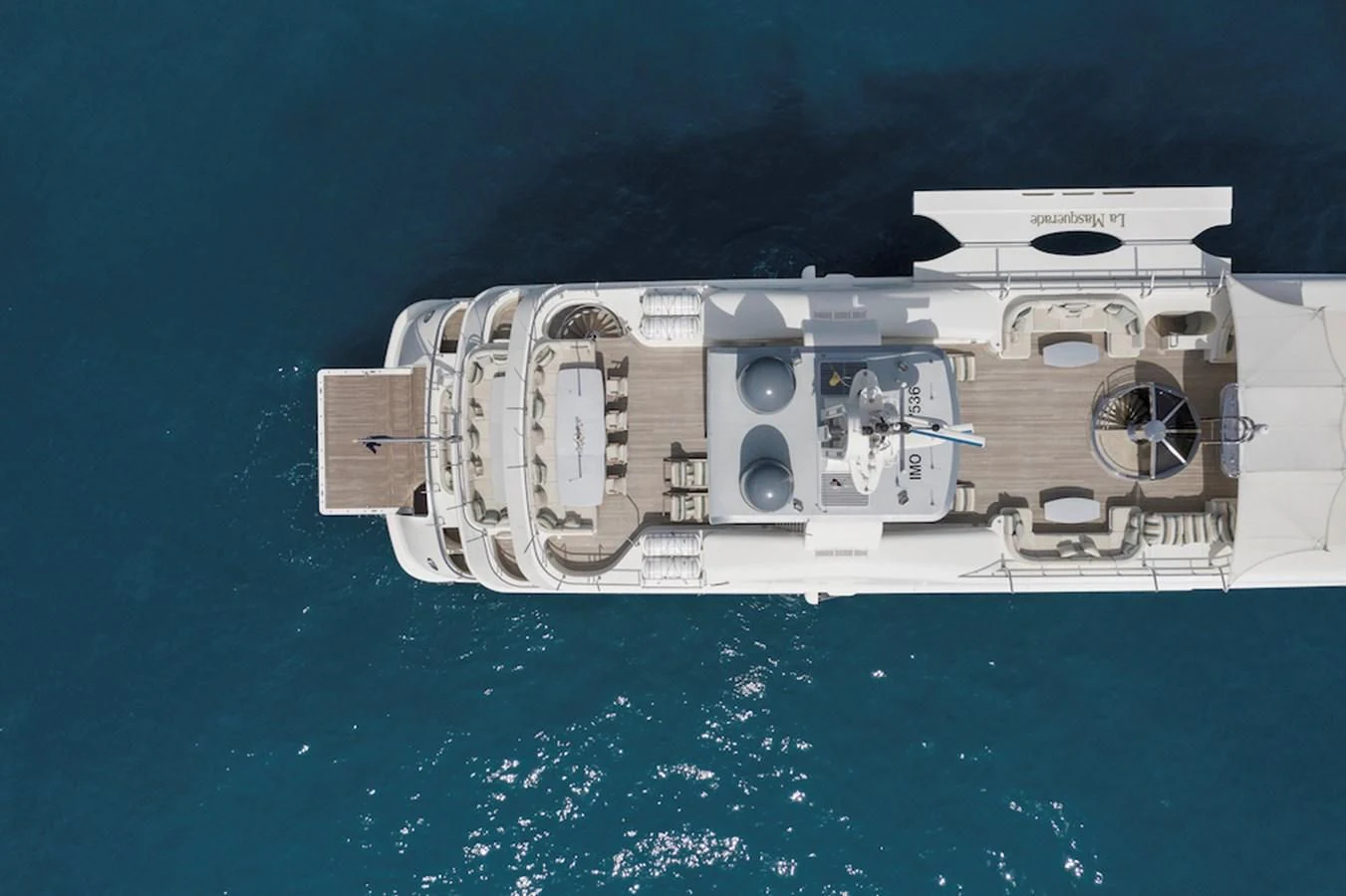 a large white building with a satellite dish on top of it aboard SAMIRA Yacht for Sale