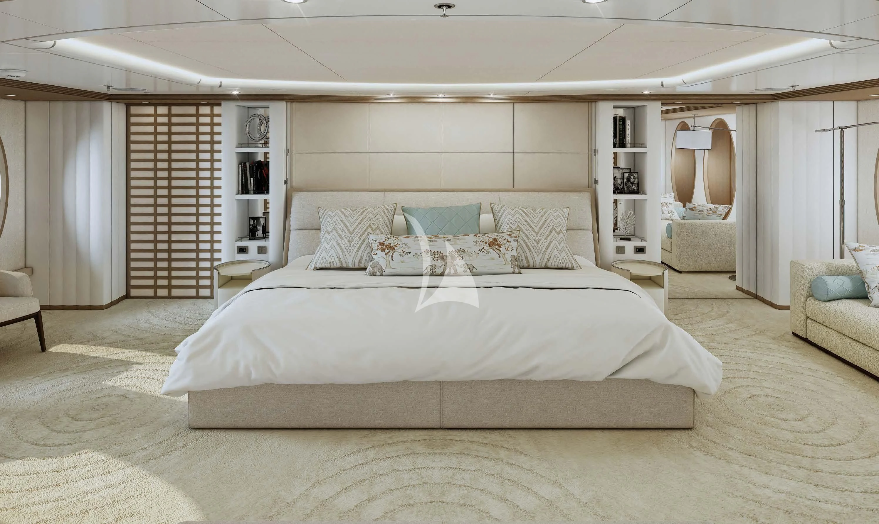 a large bed in a room aboard SAMIRA Yacht for Sale