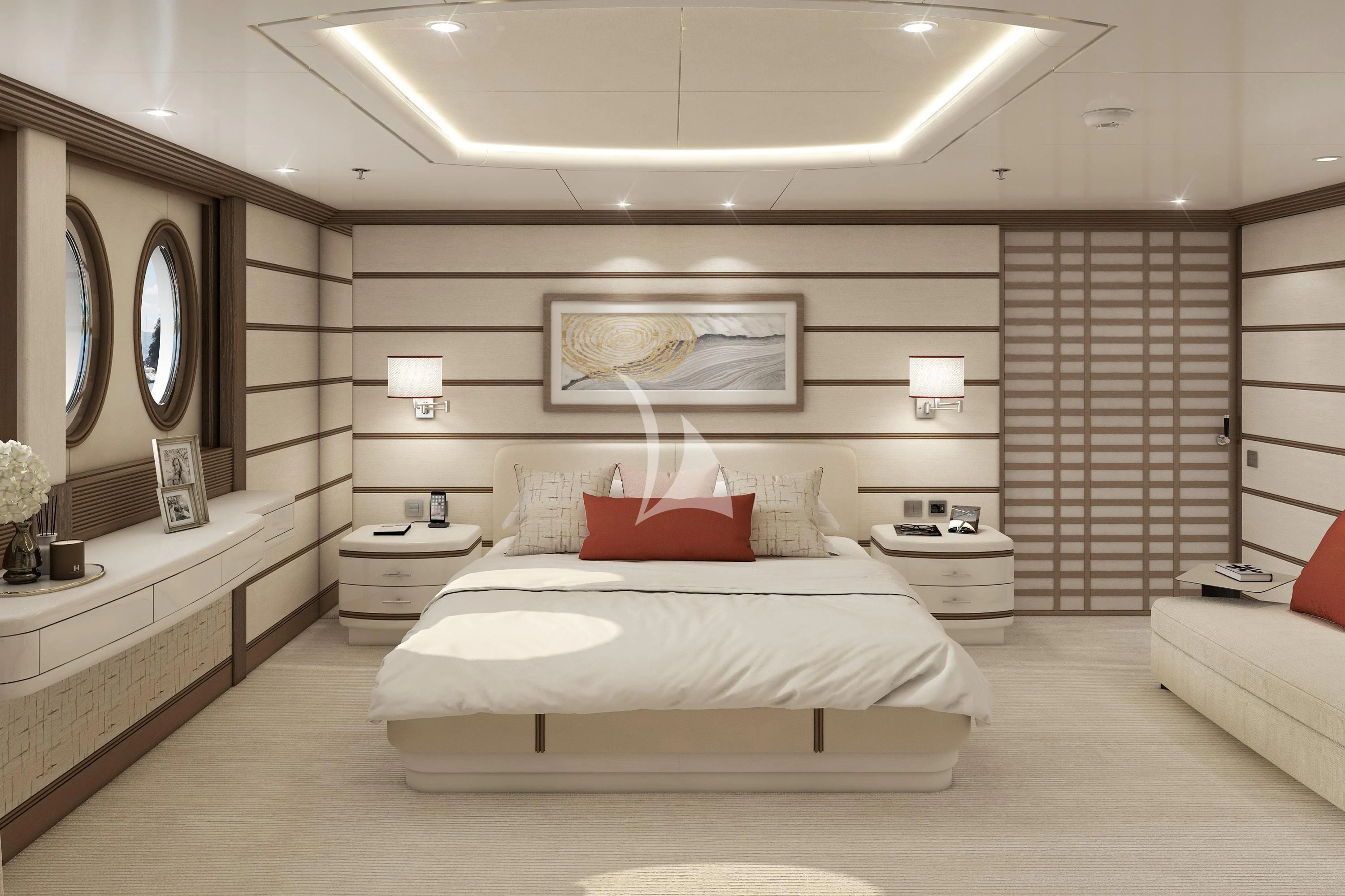 a room with a bed and a mirror aboard SAMIRA Yacht for Sale