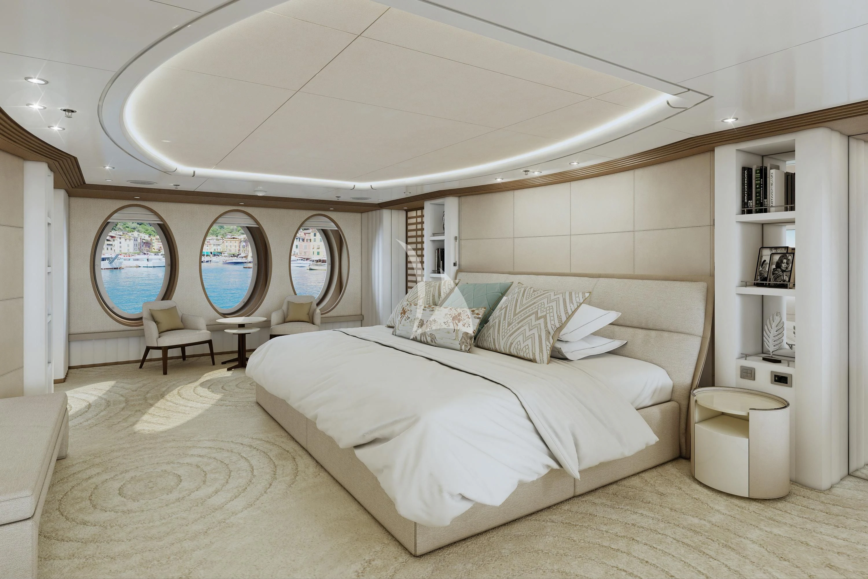 a large white bed in a room aboard SAMIRA Yacht for Sale