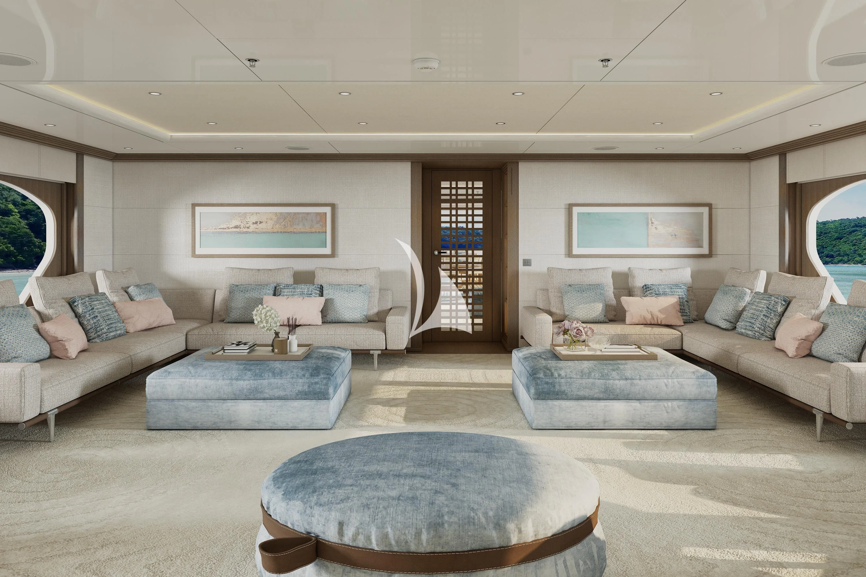 a living room with a couch and a table aboard SAMIRA Yacht for Sale