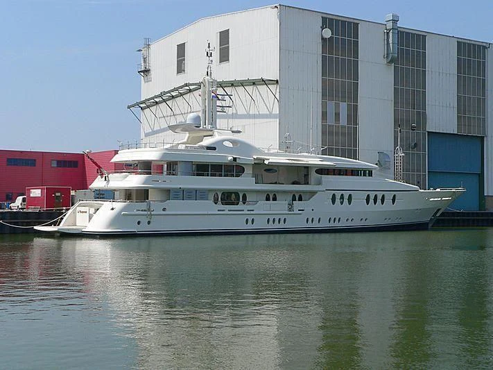 a large white boat in the water aboard SAMIRA Yacht for Sale