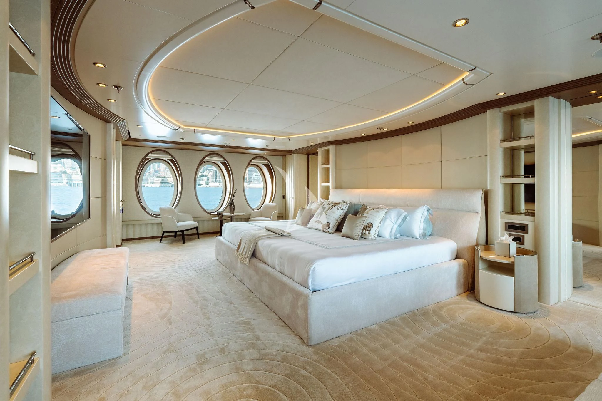 a large bedroom with a large bed aboard SAMIRA Yacht for Sale