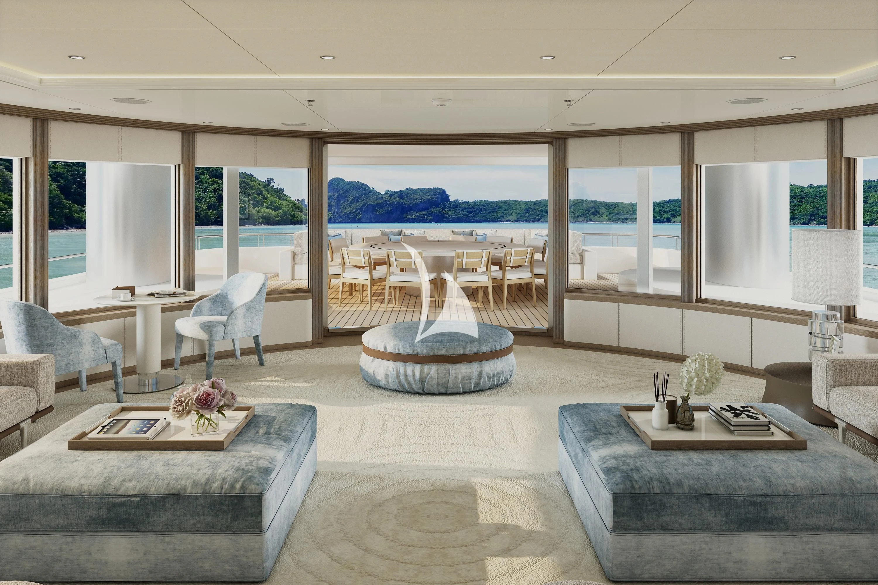 a living room with a large window aboard SAMIRA Yacht for Sale