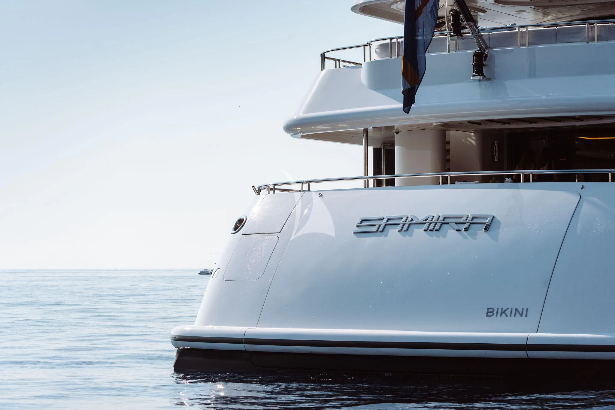 a white yacht on the water aboard SAMIRA Yacht for Sale