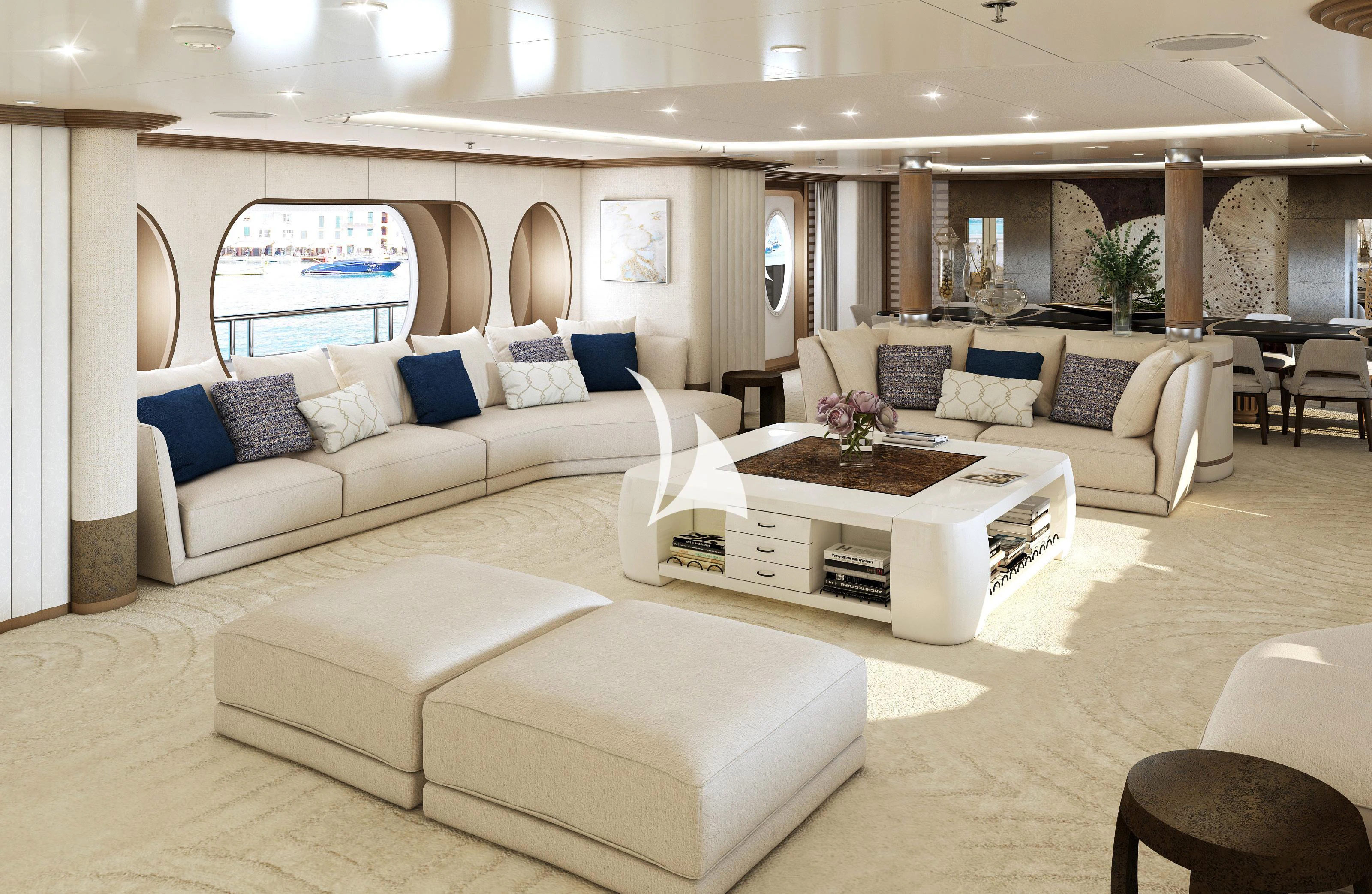 a living room with a couch and a table aboard SAMIRA Yacht for Sale