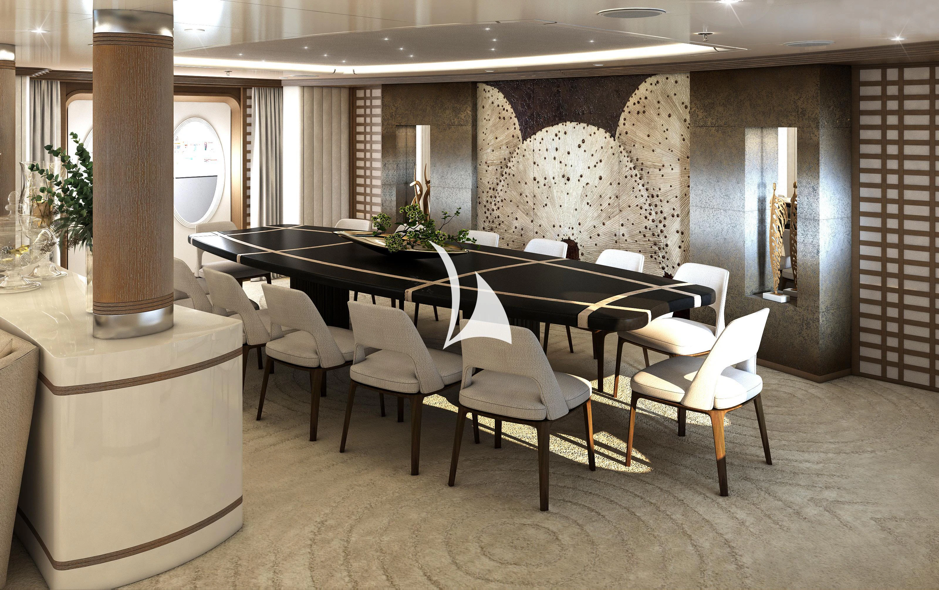 a large room with a table and chairs aboard SAMIRA Yacht for Sale