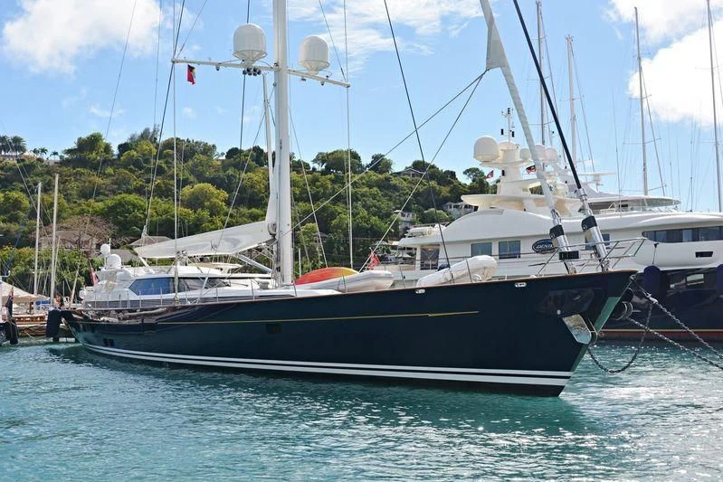a boat docked at a pier aboard LA BELLE Yacht for Sale