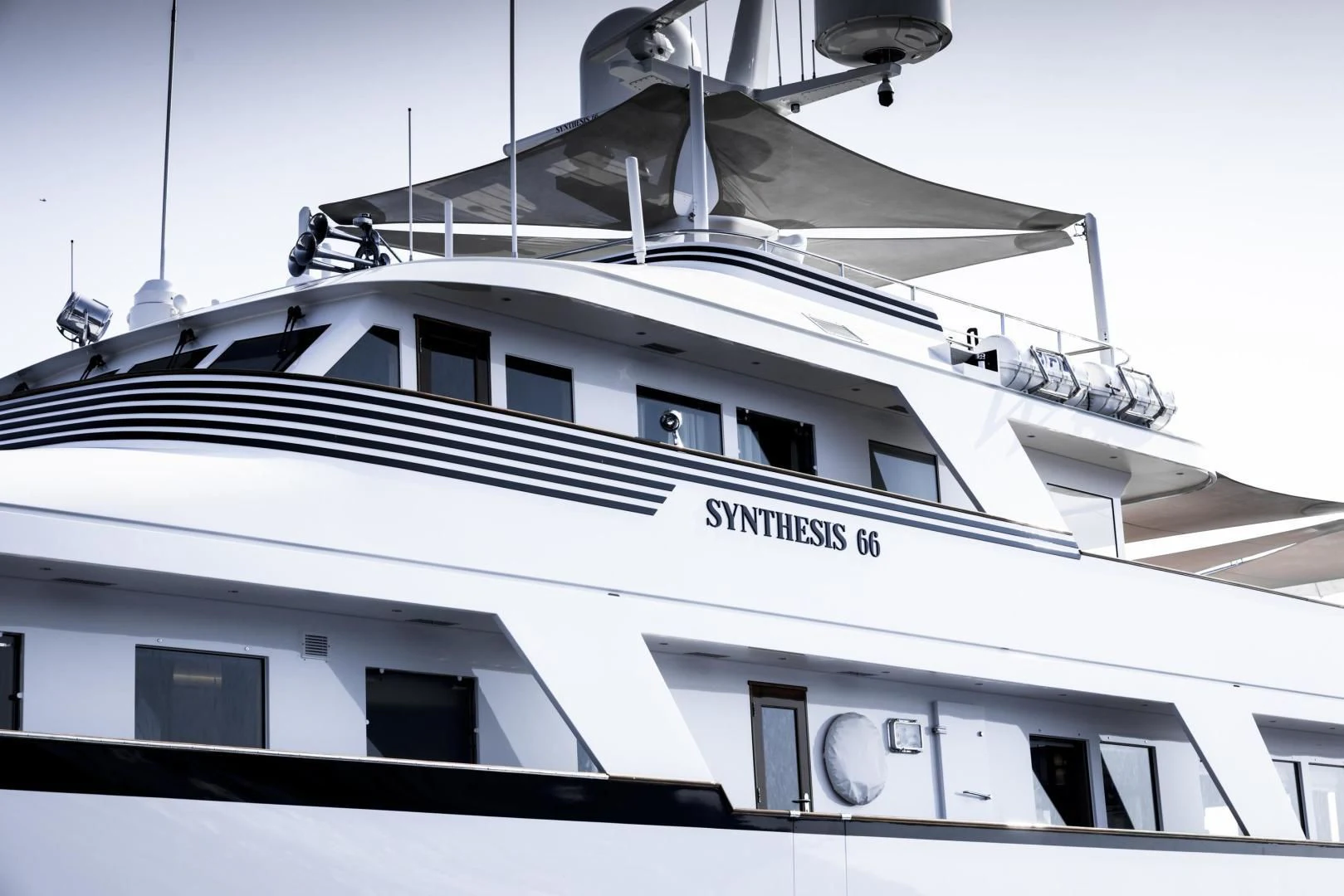 a white and black building aboard SYNTHESIS 66 Yacht for Sale
