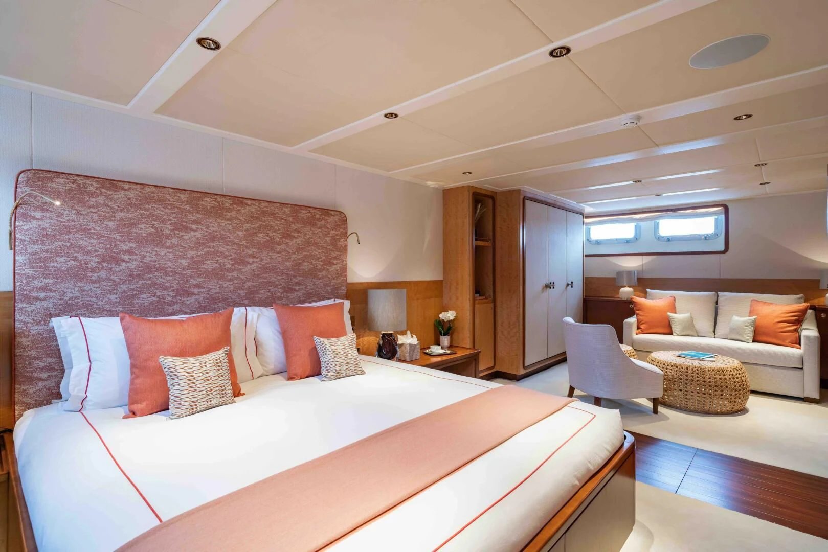 a large bed in a room aboard SYNTHESIS 66 Yacht for Sale