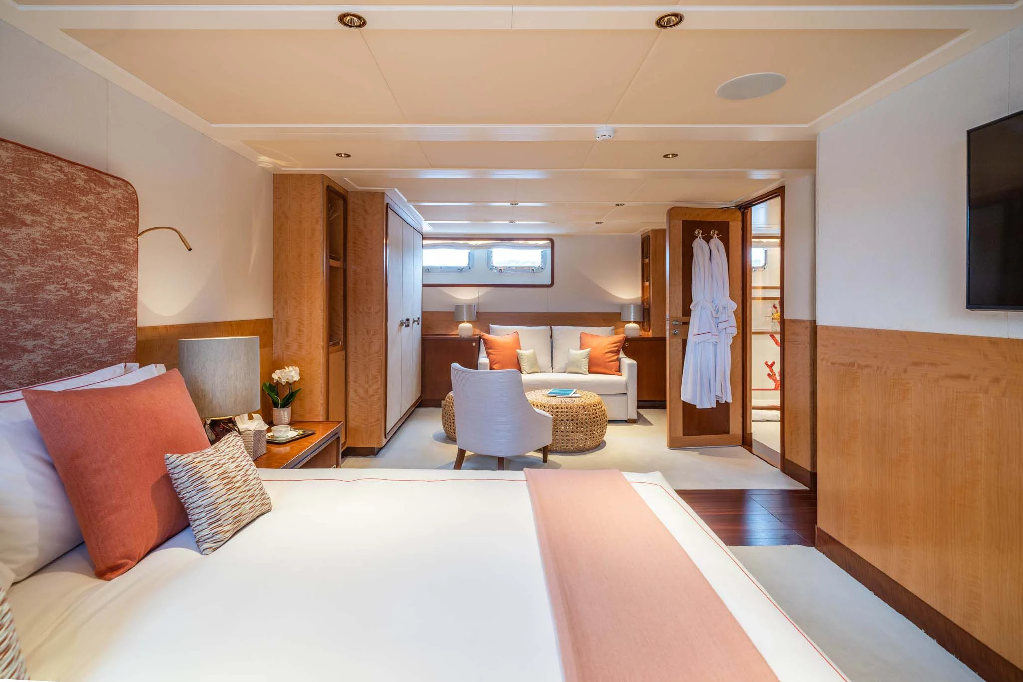 a modern looking living room aboard SYNTHESIS 66 Yacht for Sale