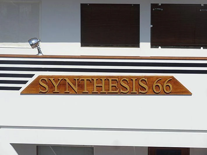 a sign on a building aboard SYNTHESIS 66 Yacht for Sale