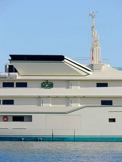 a white building with a tower aboard KINGDOM 5KR Yacht for Sale