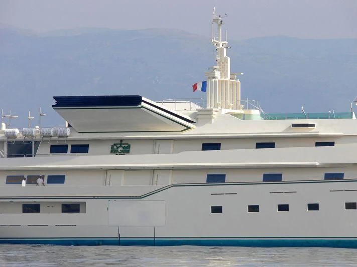 a large white cruise ship aboard KINGDOM 5KR Yacht for Sale