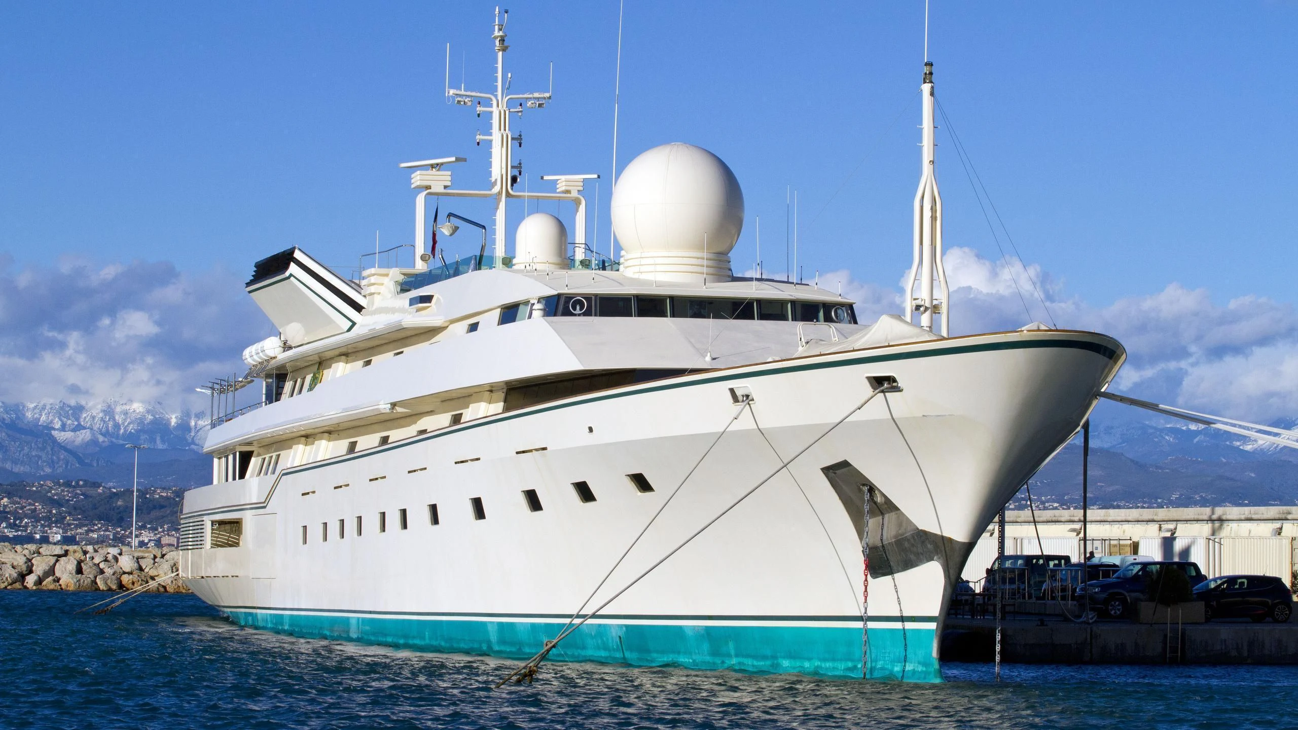 a large white ship aboard KINGDOM 5KR Yacht for Sale