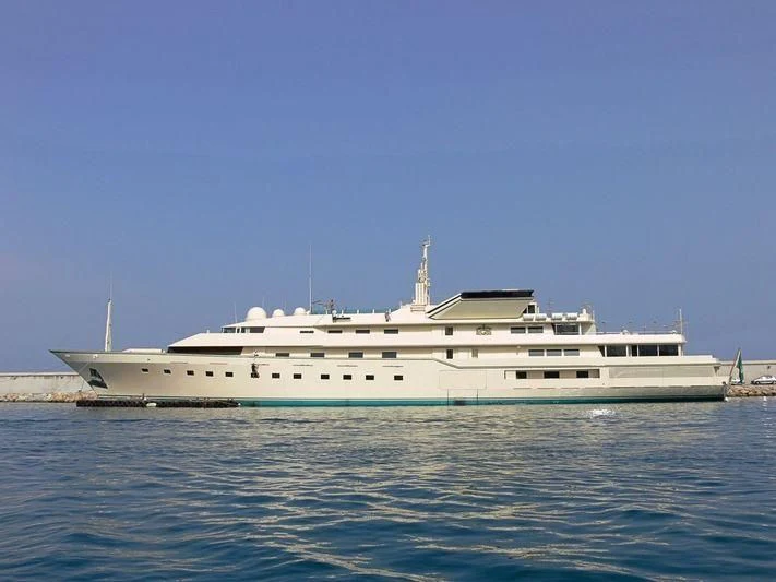 a large white boat in the water aboard KINGDOM 5KR Yacht for Sale