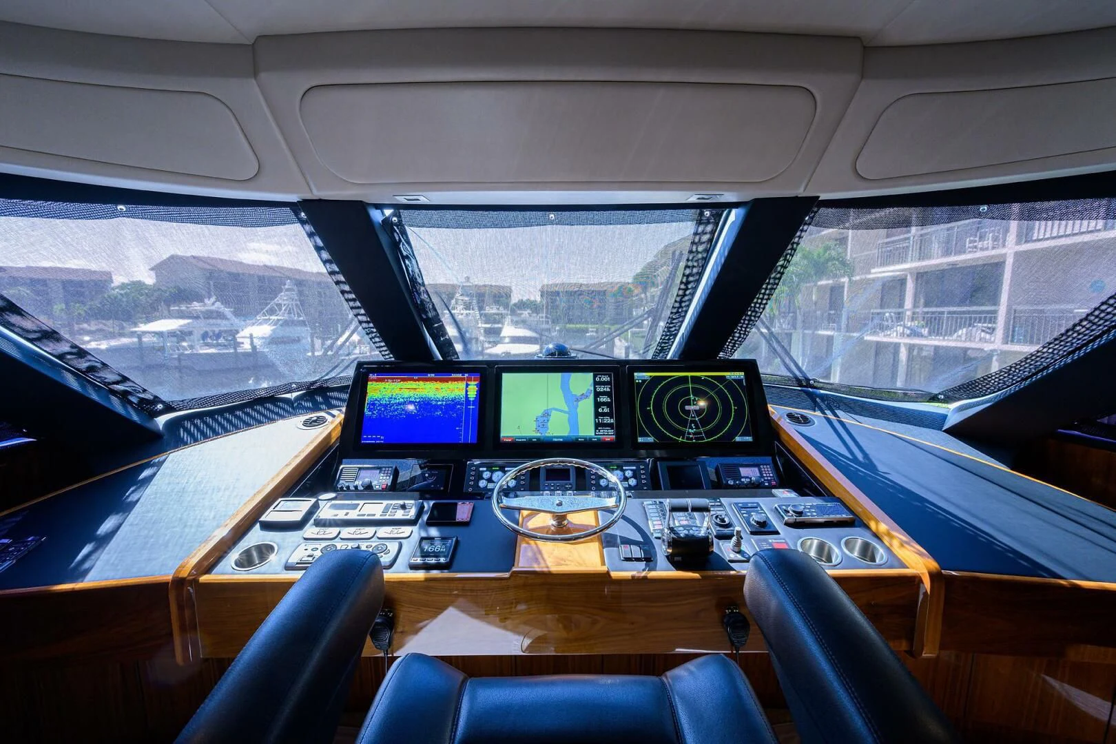 inside of a vehicle with monitors and a keyboard aboard 80' VIKING Yacht for Sale