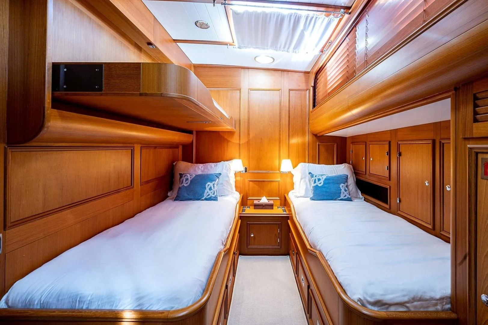 a room with two beds aboard ATALI Yacht for Sale