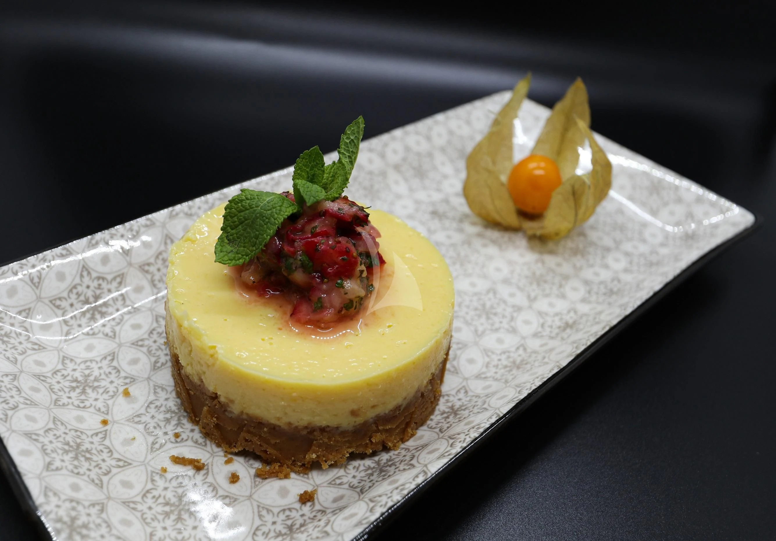 a dessert on a plate aboard FREEBIRD Yacht for Sale