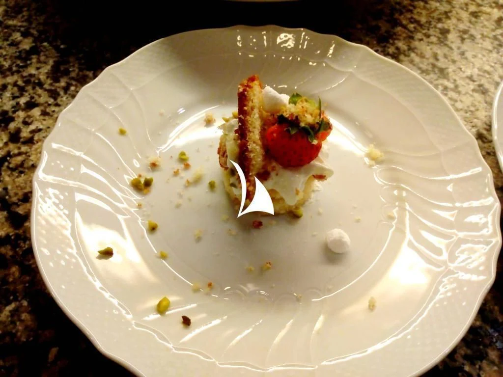 a plate with food on it aboard ANYTHING GOES V Yacht for Sale