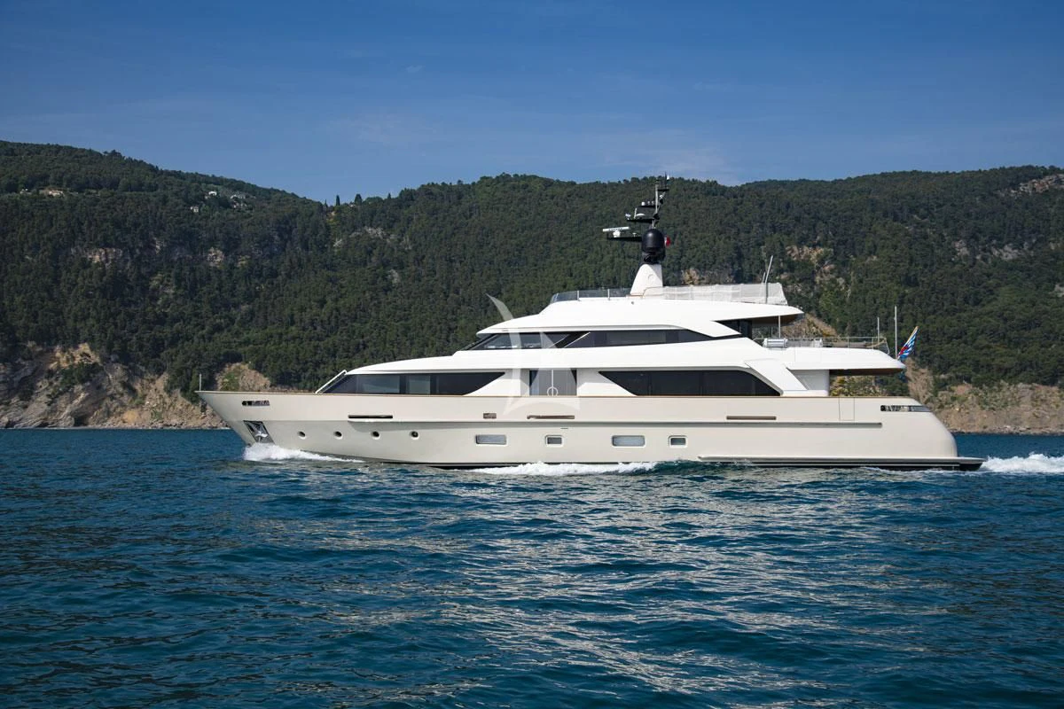 a white yacht in the water aboard ANYTHING GOES V Yacht for Sale