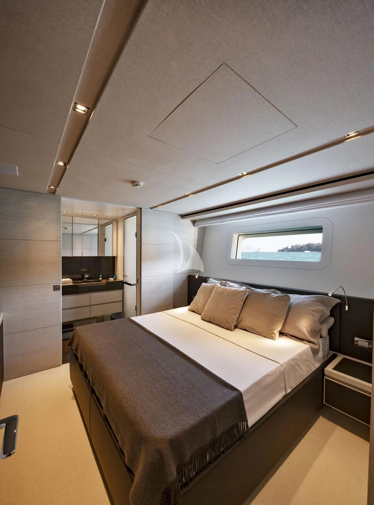 a bedroom with a bed aboard ANYTHING GOES V Yacht for Sale