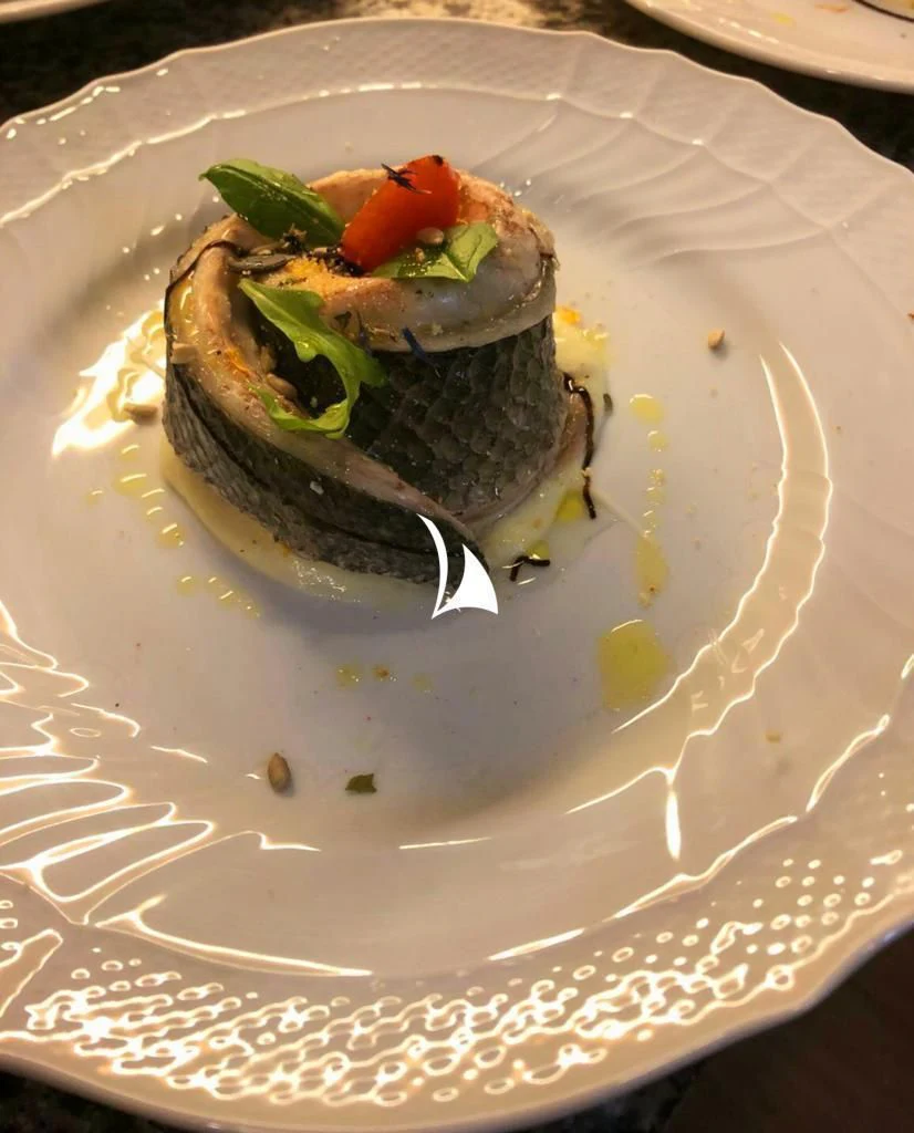 a plate of food aboard ANYTHING GOES V Yacht for Sale