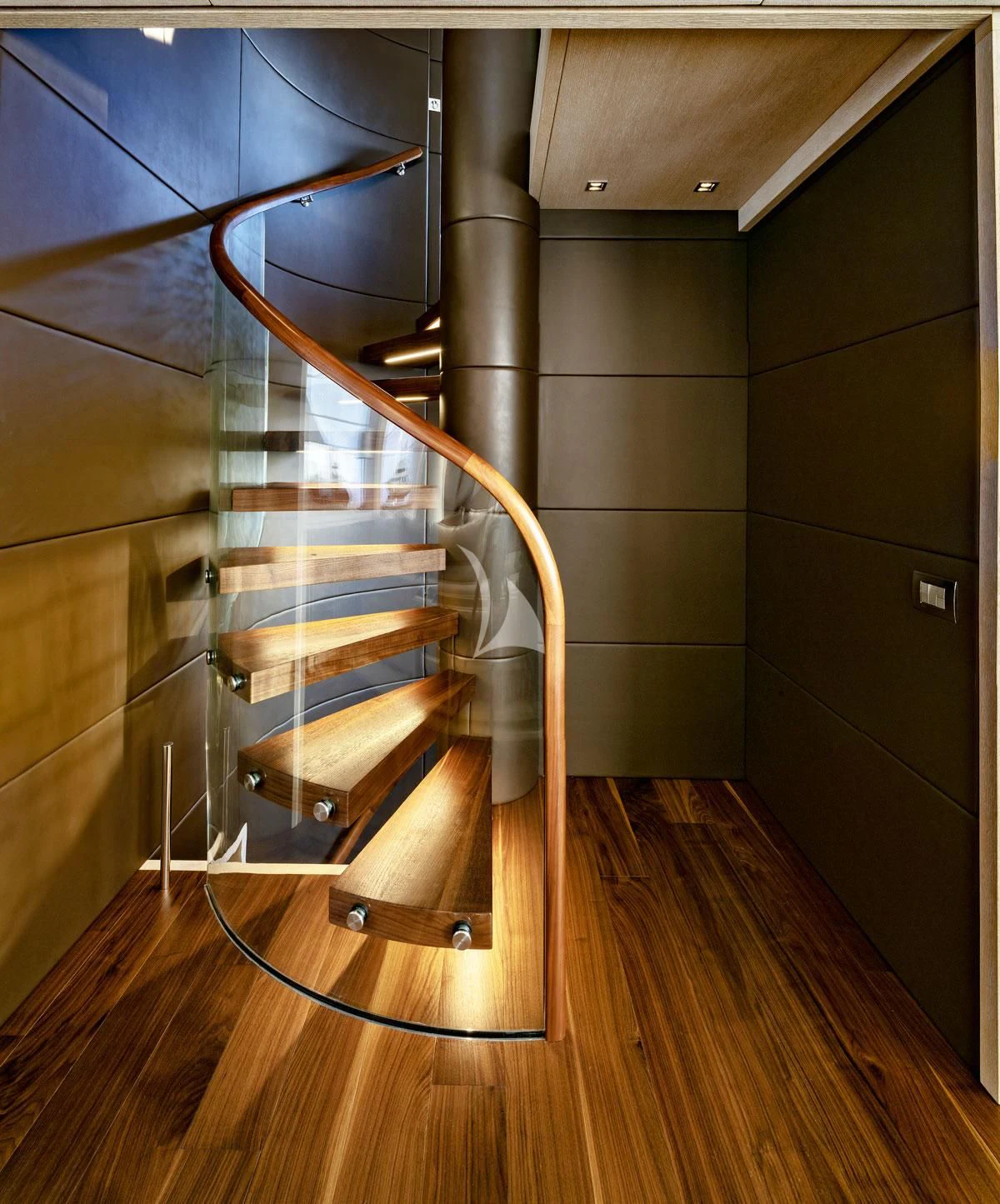 a metal staircase in a room aboard ANYTHING GOES V Yacht for Sale