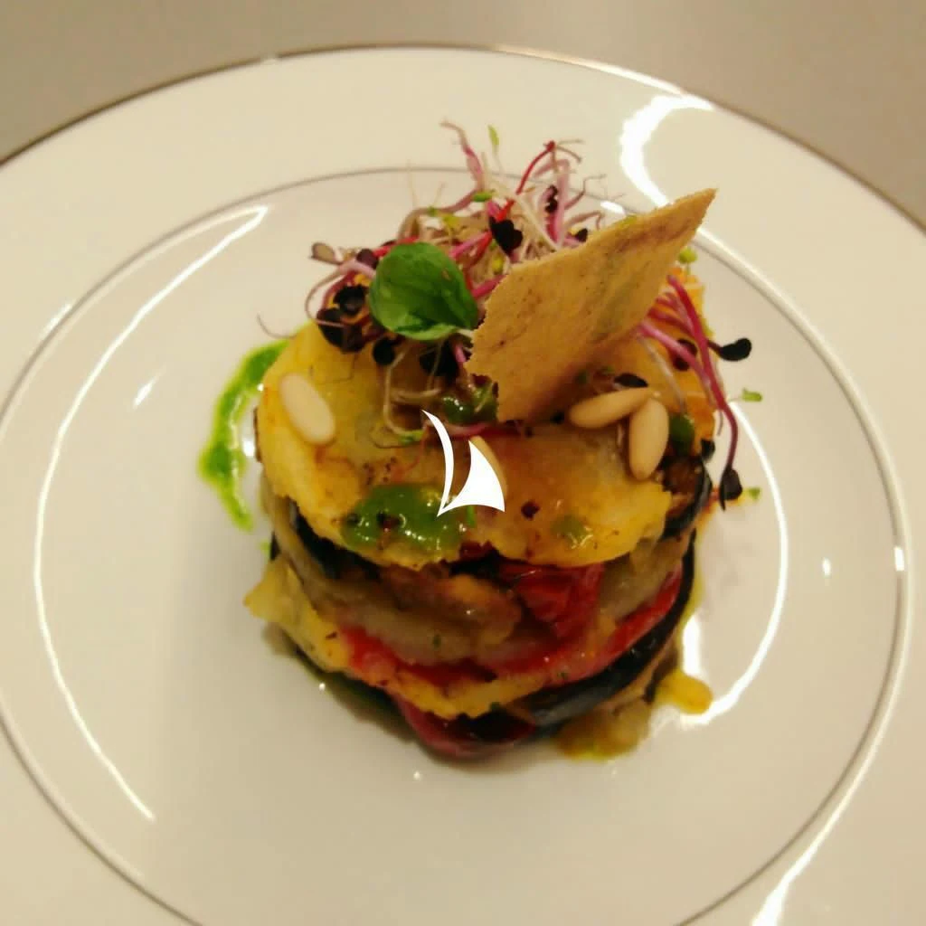 a plate of food aboard ANYTHING GOES V Yacht for Sale