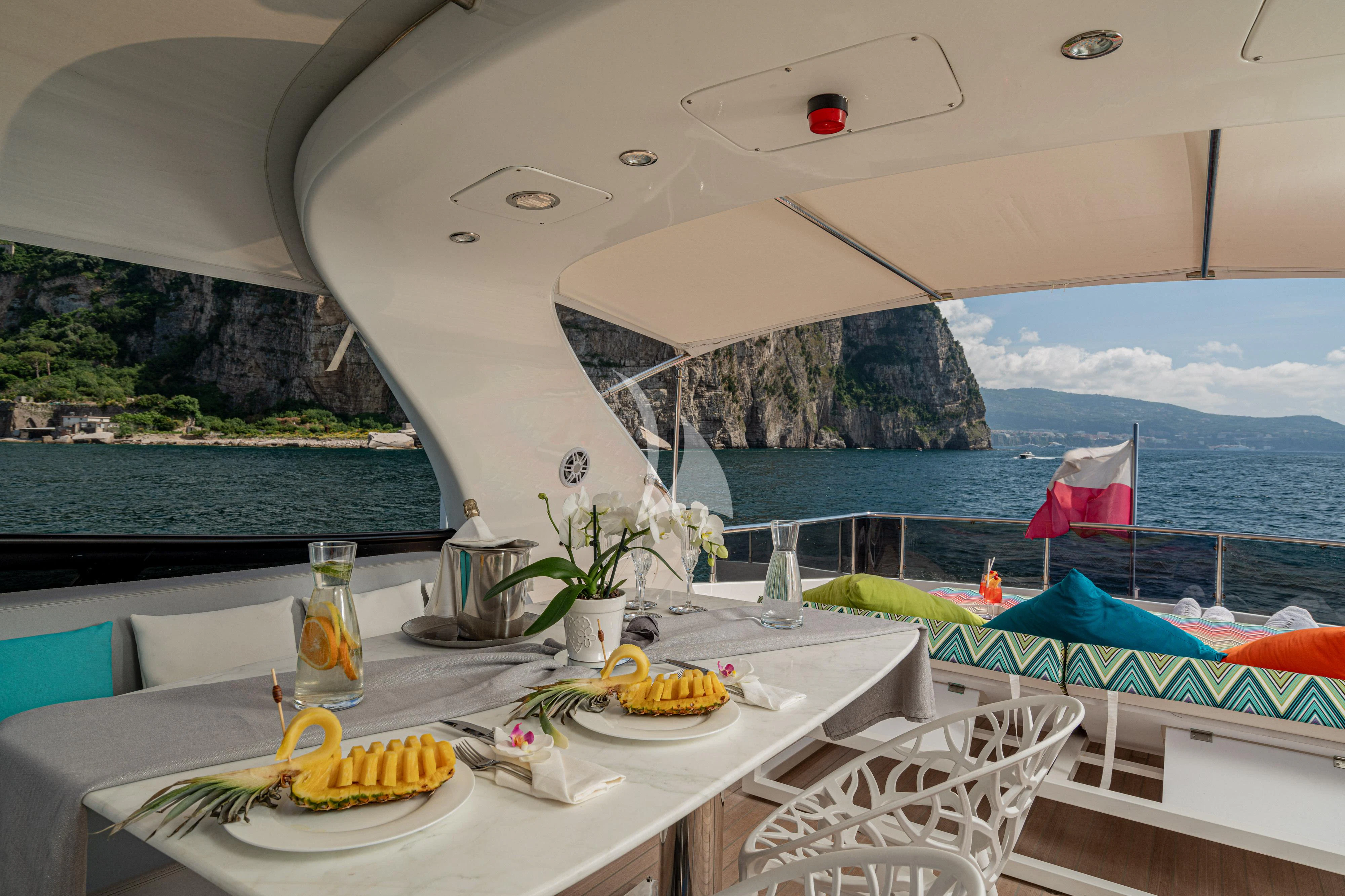 a table with food on it aboard GEMINI 3 Yacht for Charter