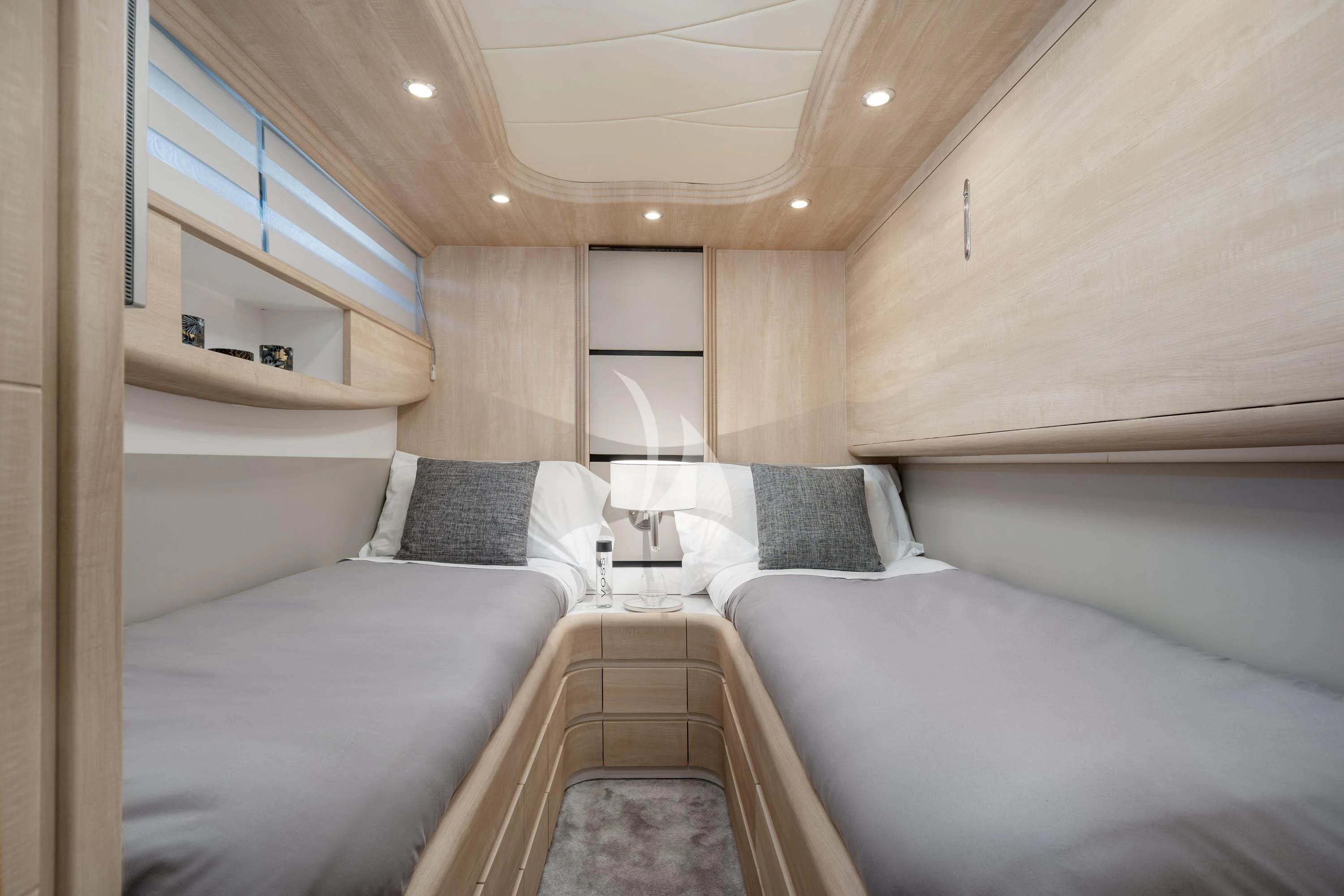 a room with a bed and a window aboard GEMINI 3 Yacht for Charter