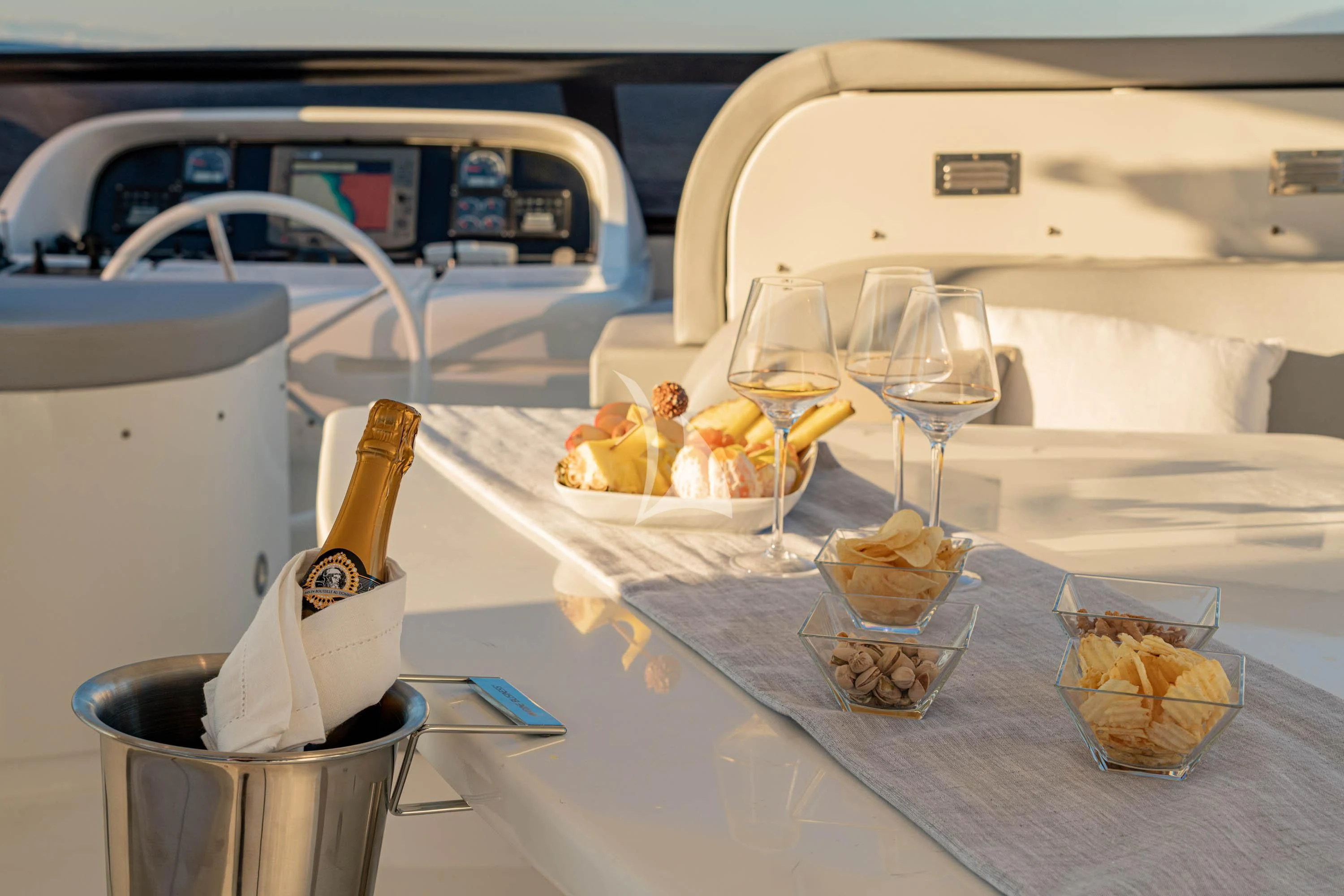 a group of glasses with food in them on a table aboard GEMINI 3 Yacht for Charter