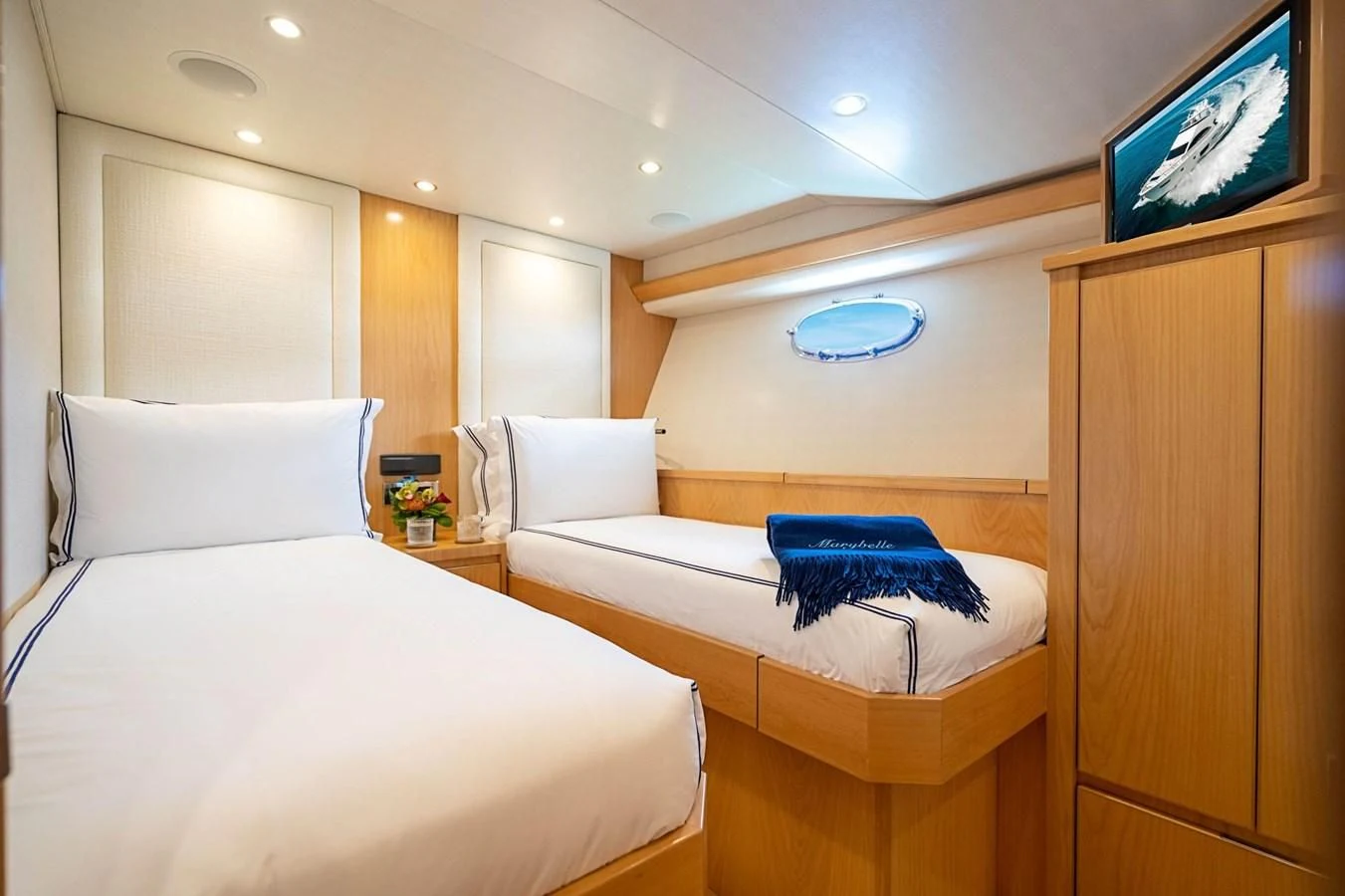 a room with two beds aboard MARYBELLE Yacht for Sale