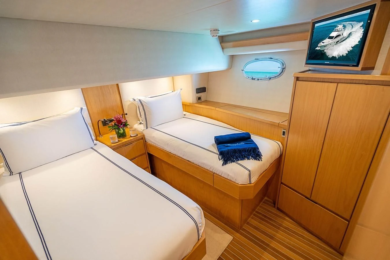 a room with two beds aboard MARYBELLE Yacht for Sale
