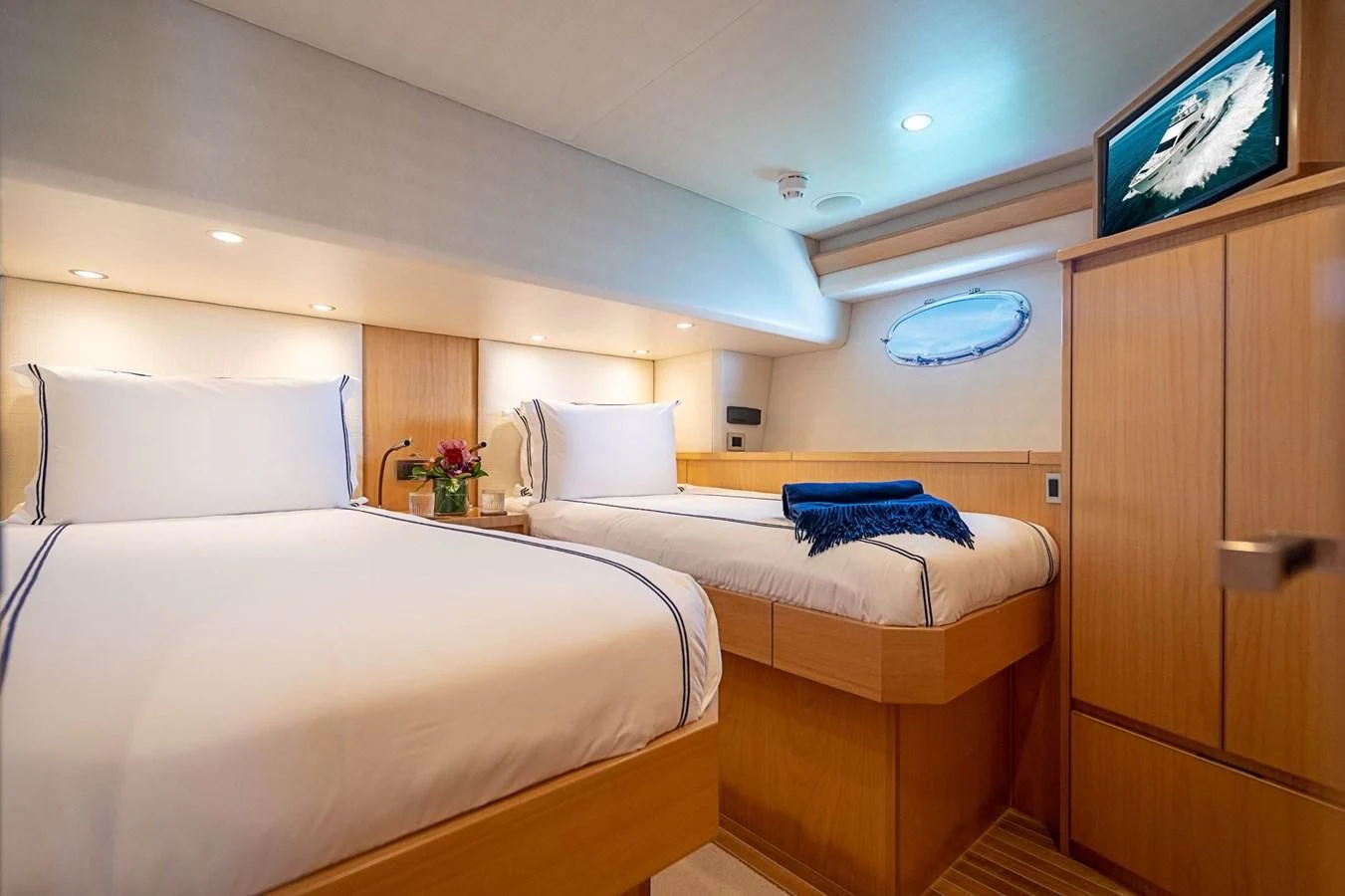 a room with two beds aboard MARYBELLE Yacht for Sale