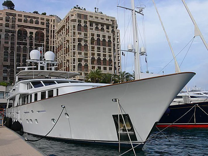 a boat docked at a pier aboard CRISS C Yacht for Sale