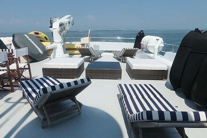 a boat with a boat and chairs on it aboard CRISS C Yacht for Sale