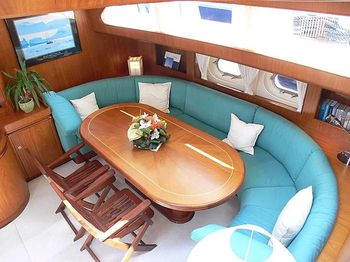 a living room with a couch and a table aboard BLACK MOLLY Yacht for Sale