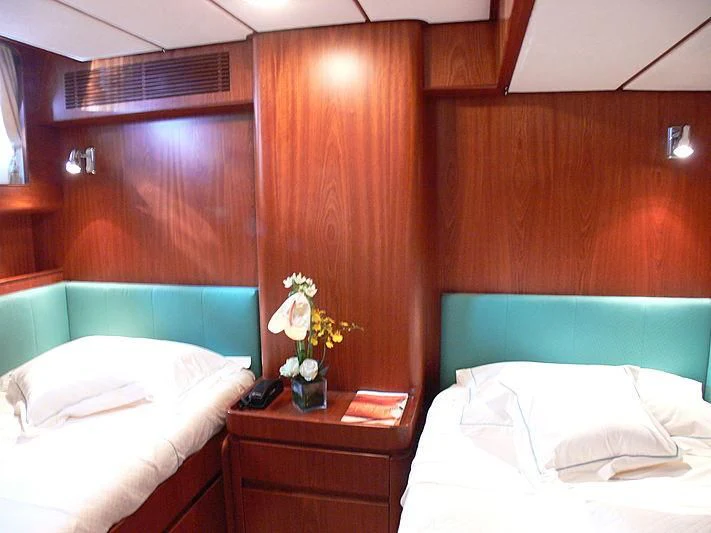 a room with two beds aboard BLACK MOLLY Yacht for Sale