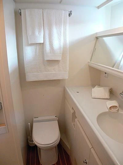a bathroom with towels on the wall aboard BLACK MOLLY Yacht for Sale