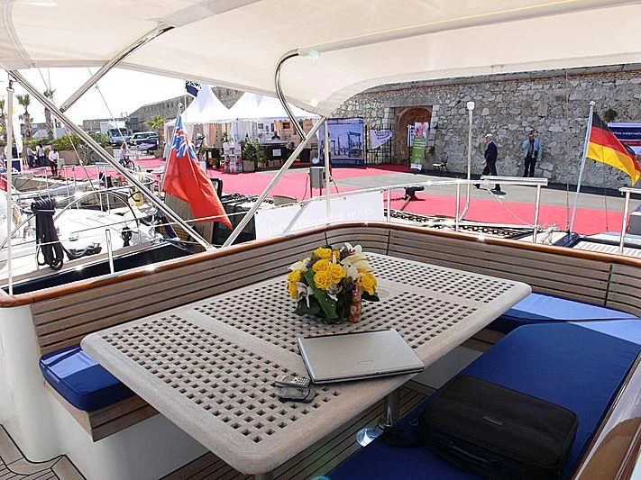 a boat with a flag on the deck aboard BLACK MOLLY Yacht for Sale