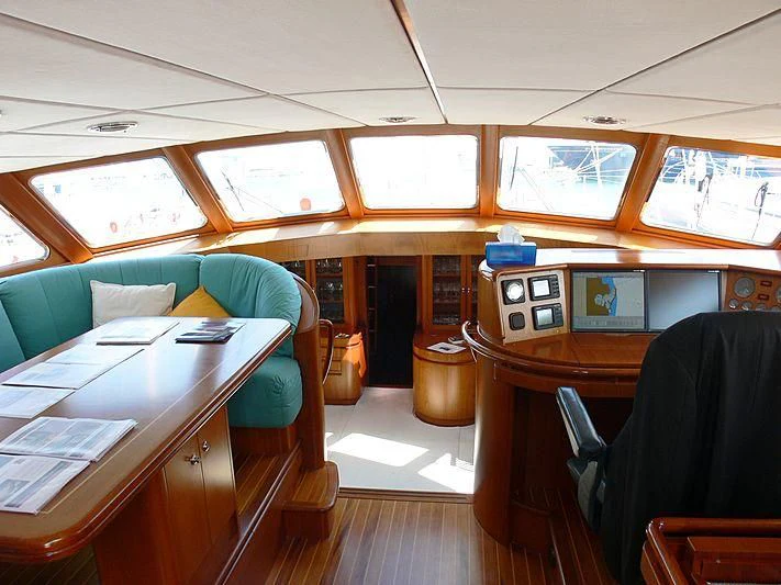a room with a desk and chairs aboard BLACK MOLLY Yacht for Sale