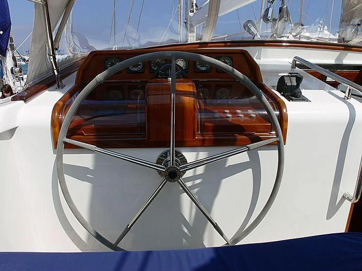 the front of a white boat aboard BLACK MOLLY Yacht for Sale