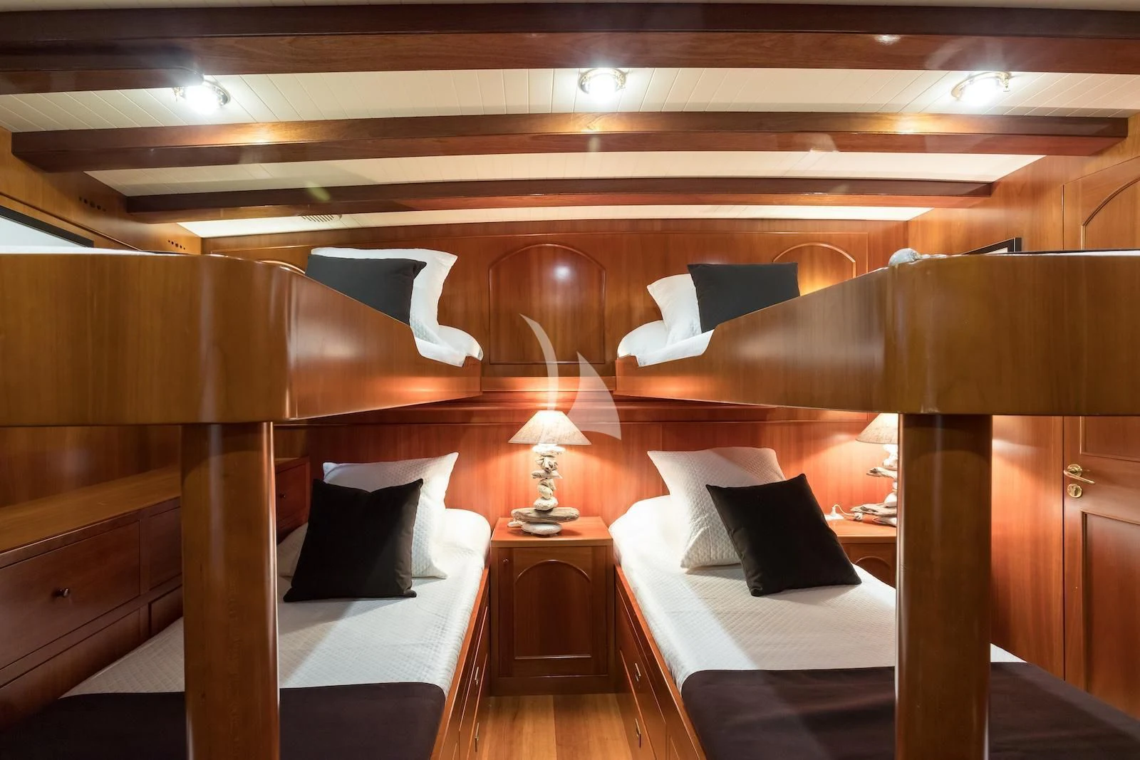 a room with two beds aboard OVER THE RAINBOW OF LONDON Yacht for Charter