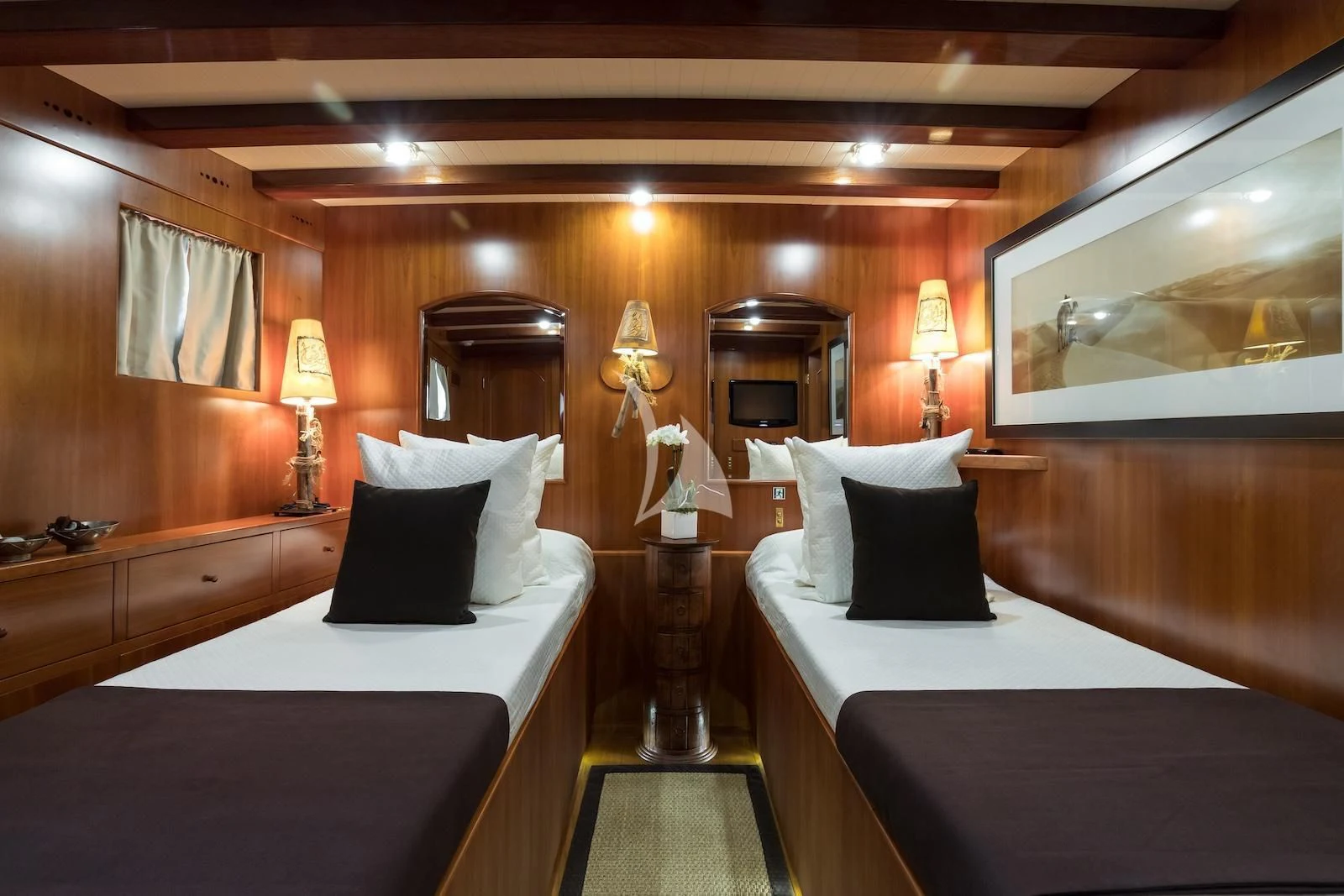 a room with two beds aboard OVER THE RAINBOW OF LONDON Yacht for Charter