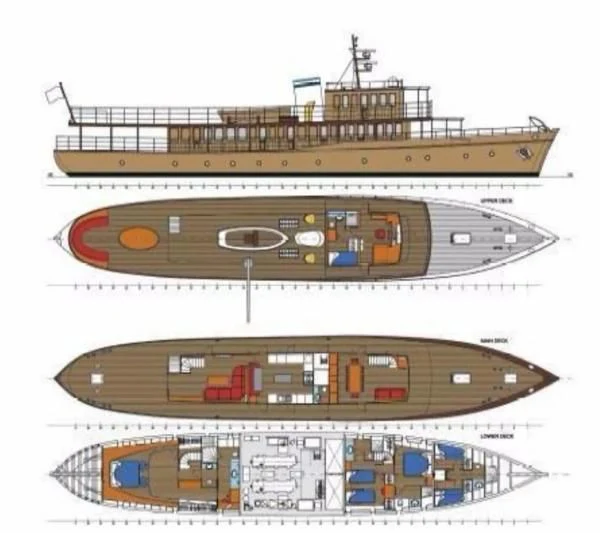 a drawing of a ship aboard OVER THE RAINBOW OF LONDON Yacht for Charter
