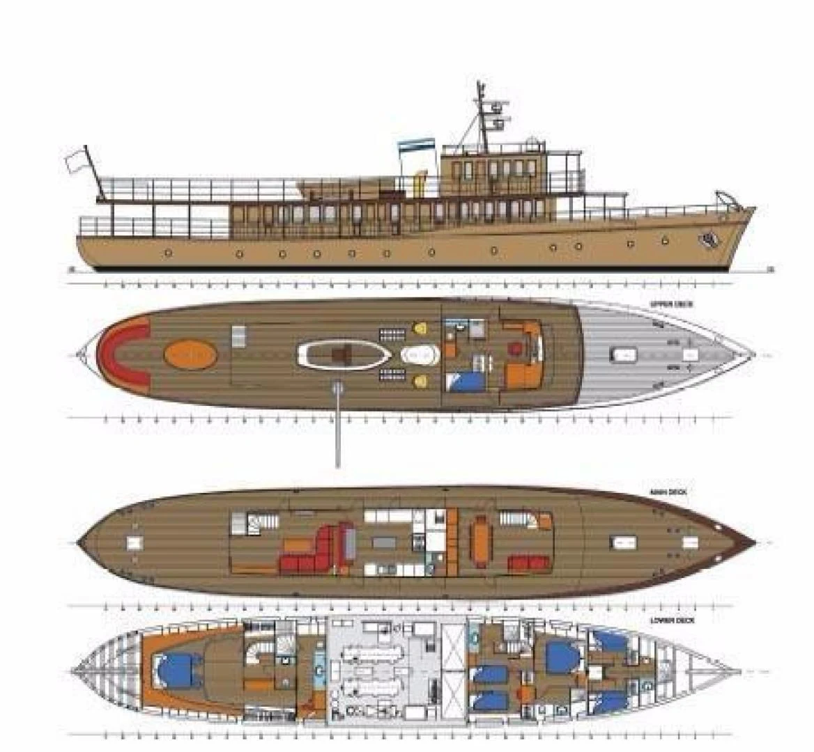 a drawing of a ship aboard OVER THE RAINBOW OF LONDON Yacht for Charter