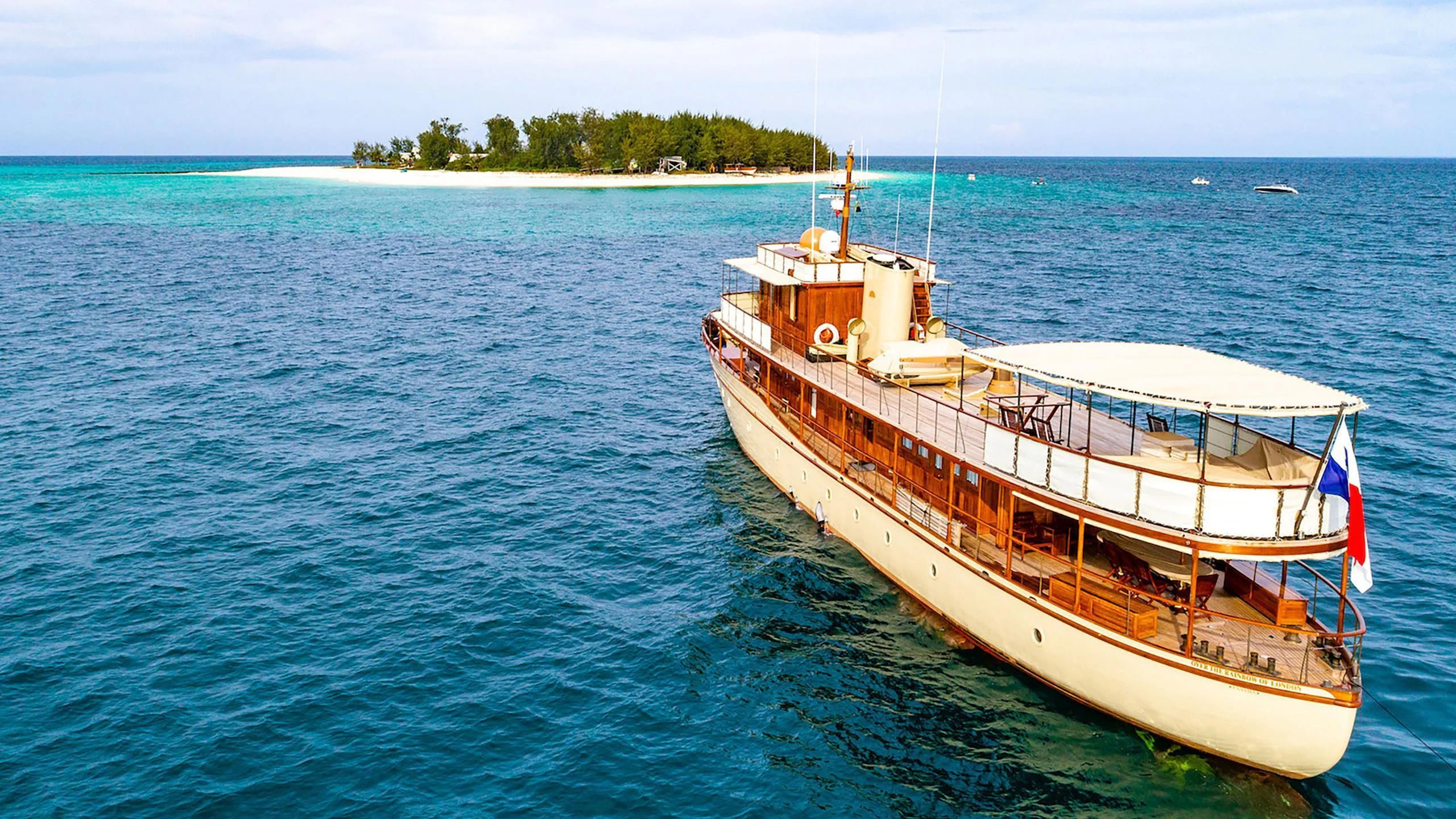 a boat in the water aboard OVER THE RAINBOW OF LONDON Yacht for Charter