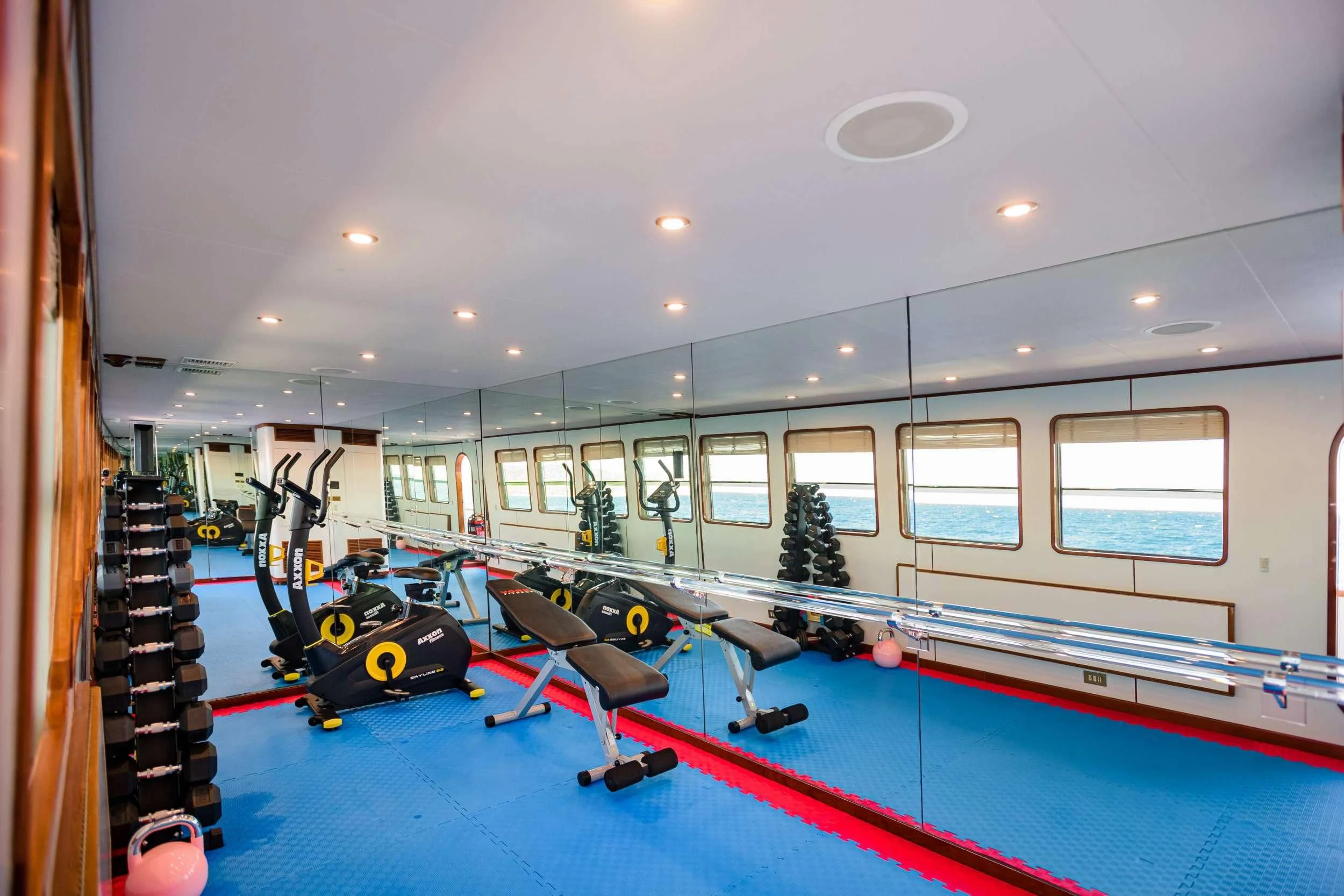 a gym with exercise equipment aboard WIND OF FORTUNE Yacht for Charter